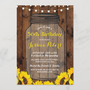 Rustic Jar Birthday Party Wood Sunflower Invite