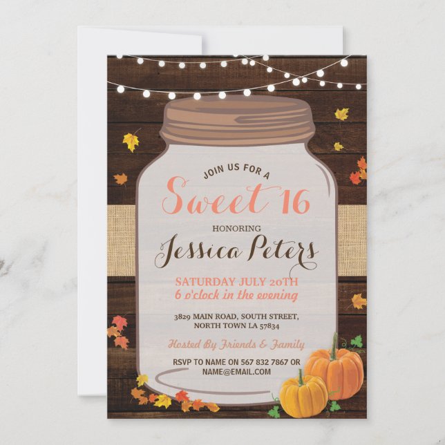 Rustic Jar Sweet 16 Party Wood Pumpkin Invite (Front)