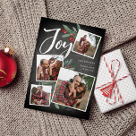 Rustic Joy | Christmas Photo Collage Holiday Card<br><div class="desc">Our beautiful rustic chic holiday photo card features four of your favourite square family photos in a collage layout. "Joy" appears at the top in white hand lettered brush script typography on a chalkboard background accented with green watercolor leaves and red holly berries. Customize with your family name and individual...</div>