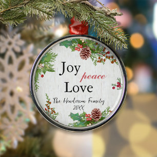 Rustic Joy Peace Love Christmas Family Metal Ornament