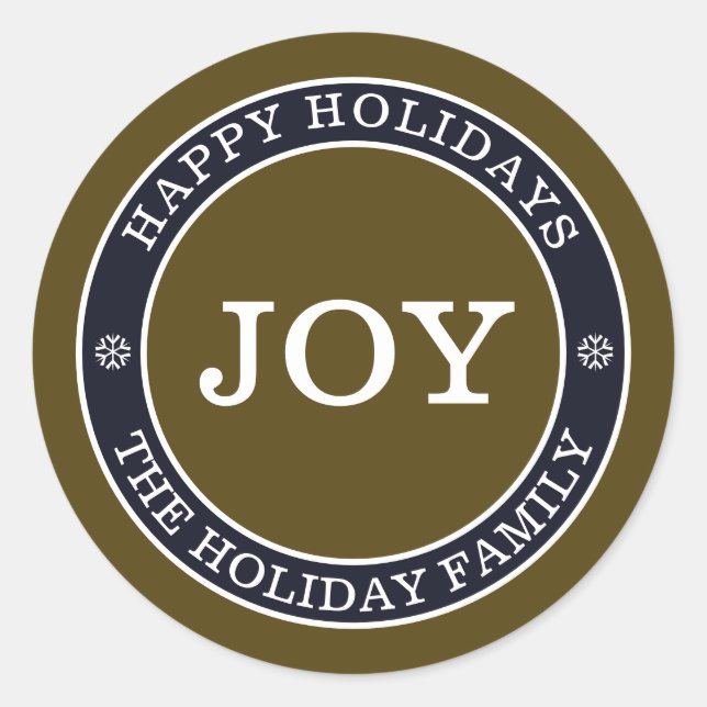 Rustic Joy Personalized Holiday Round Sticker (Front)
