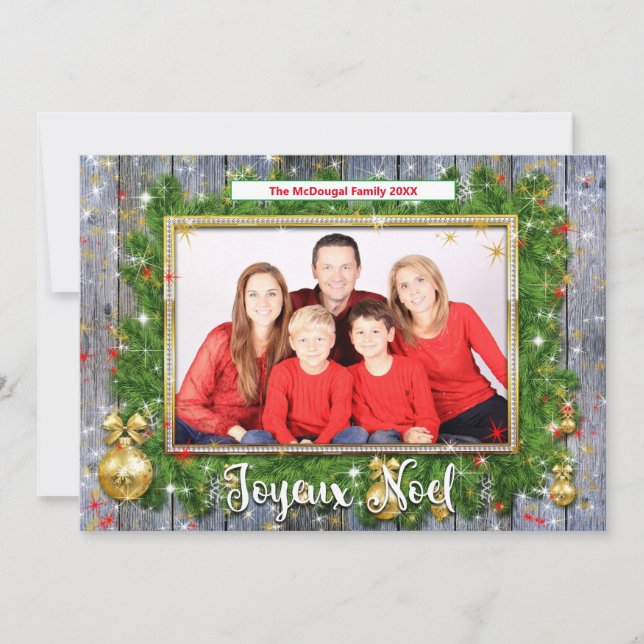Rustic Joyeux Noel French Christmas Wreath Photo Holiday Card (Front)