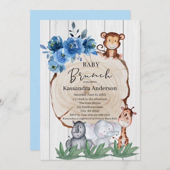 Rustic Jungle Animals Blush Floral Baby Brunch Invitation (Front/Back)