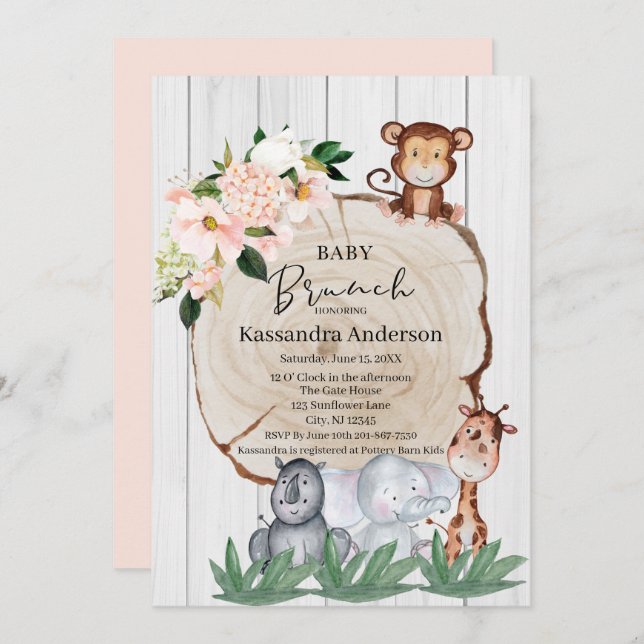 Rustic Jungle Animals Blush Floral Baby Brunch Invitation (Front/Back)
