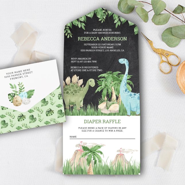 Rustic Jungle Chalkboard Cute Dinosaur Baby Shower All In One Invitation (Creator Uploaded)