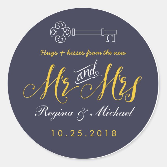 Rustic Key Script Mr and Mrs Wedding Favour Sticke Classic Round Sticker (Front)