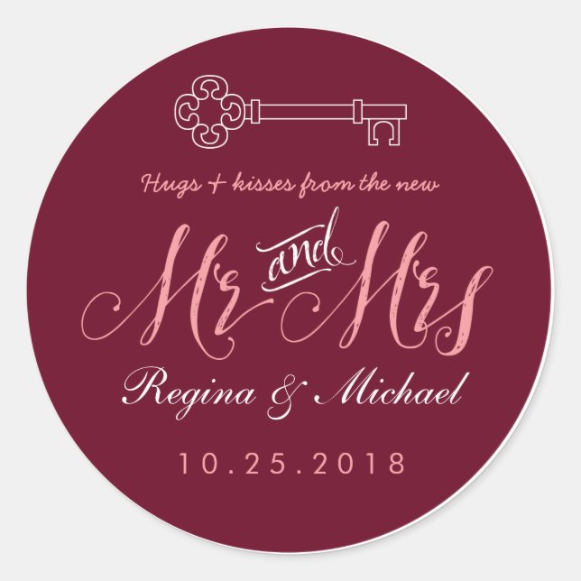 Rustic Key Script Mr Mrs Wedding Favour Sticker (Front)