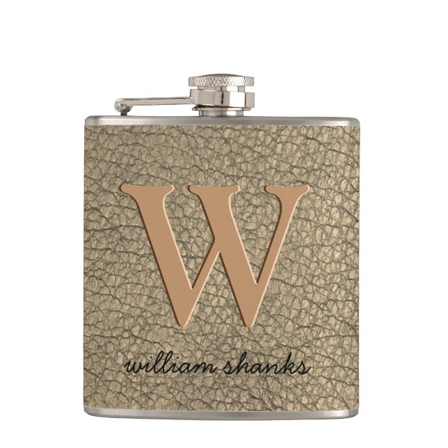 Rustic khaki faux leather monogram name boss hip flask (Front)
