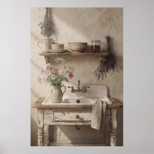 Rustic Kitchen Sink with Lavender and Wildflowers Poster