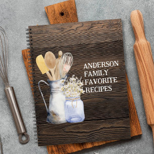 Rustic Kitchen Utensil Flower Brown Wooden Recipe Notebook