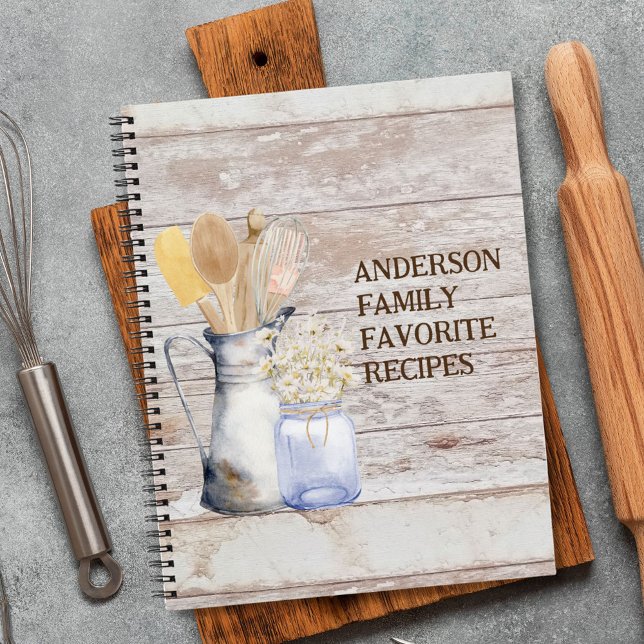 Rustic Kitchen Utensil Flower White Wooden Recipe Notebook (In situ)
