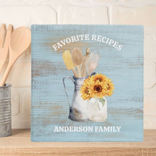 Rustic Kitchen Utensil Sunflower Blue Wood Recipe Binder (In situ)