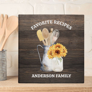 Rustic Kitchen Utensil Sunflower Brown Wood Recipe Binder