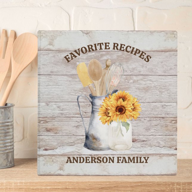 Rustic Kitchen Utensil Sunflower White Wood Recipe Binder (In situ)