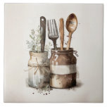 Rustic Kitchen Utensils Watercolors Ceramic Tile<br><div class="desc">Rustic country farmhouse watercolor utensils were used to create this perfect ceramic tile.  Mix and match with other companion tiles to create your own customized look.  Faux stone colour companion tiles are also available to create your pattern.</div>