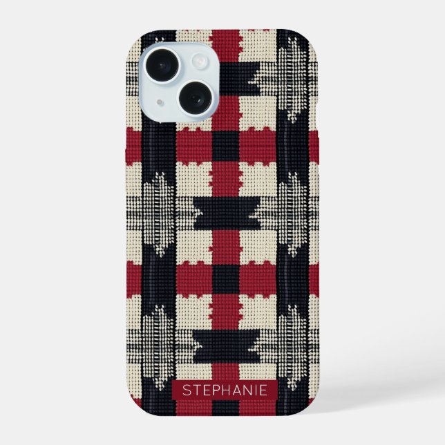 Rustic Knit Snowflake Plaid - Cozy Winter Boho iPhone 15 Case (Back)