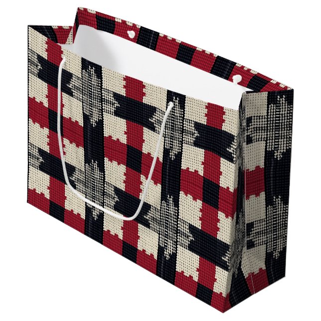 Rustic Knit Snowflake Plaid - Cozy Winter Boho Large Gift Bag (Front Angled)