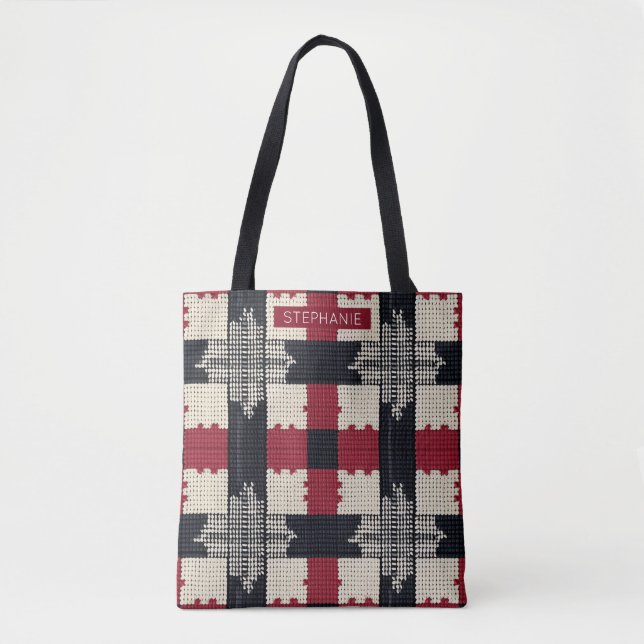 Rustic Knit Snowflake Plaid - Cozy Winter Boho Tote Bag (Front)