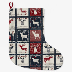 Rustic Knitted Patchwork Pattern Nordic Large Christmas Stocking