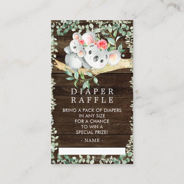Rustic Koala Bear Baby Shower Diaper Raffle Ticket Enclosure Card (Front)
