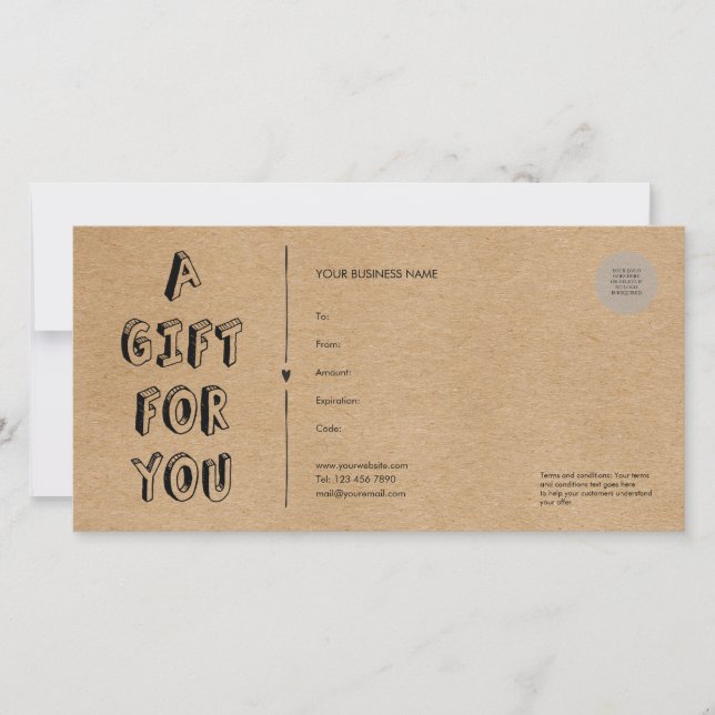 Rustic Kraft A Gift For You Gift Certificate (Front)