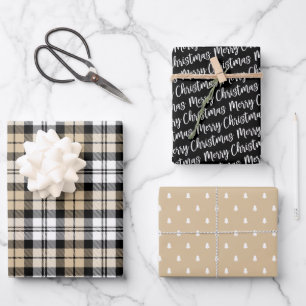 Rustic Kraft and Black Watch Plaid Merry Christmas Wrapping Paper Sheet