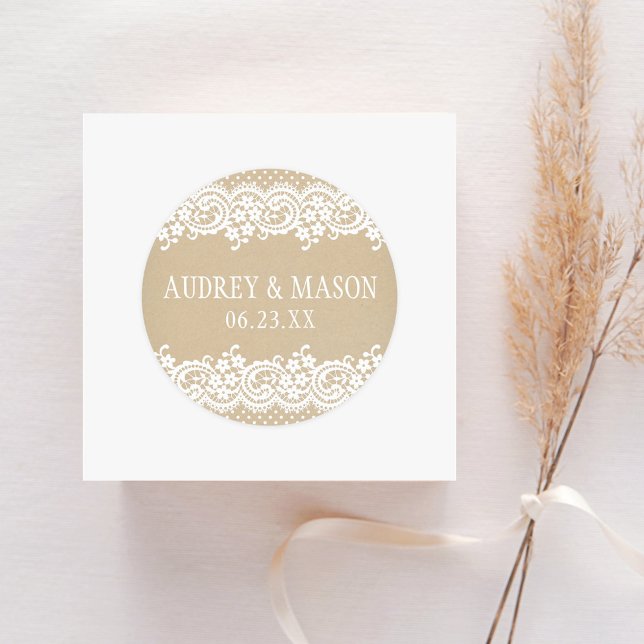 Rustic Kraft and Lace Wedding Monogram Classic Round Sticker (Creator Uploaded)