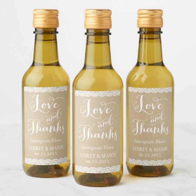 Rustic Kraft and Lace Wedding Wine Favour Wine Label (Bottles)