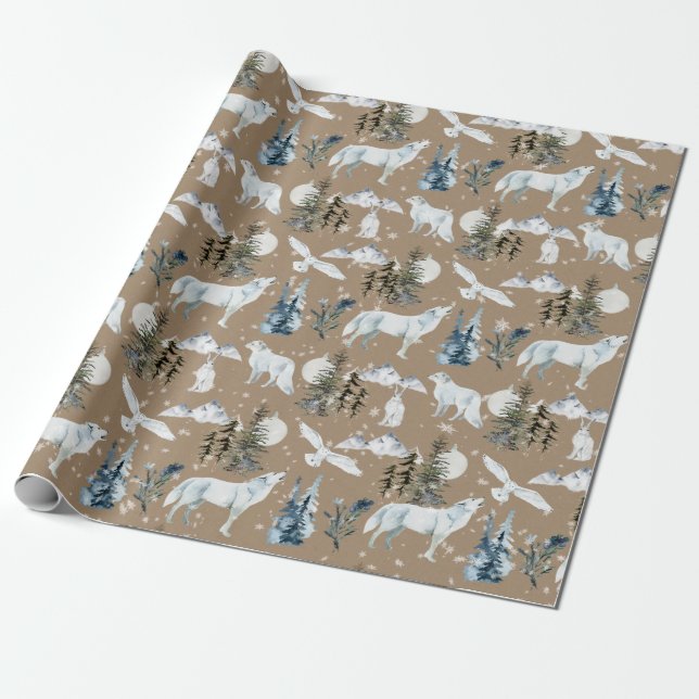 Rustic Kraft Arctic Hare Wolf Fox Snowy Owl Wrappi Wrapping Paper (Unrolled)