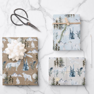 Rustic Kraft Arctic Hare Wolf Fox Snowy Owl Wrapping Paper Sheet