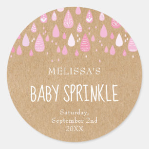 Rustic kraft baby pink raindrops baby sprinkle classic round sticker