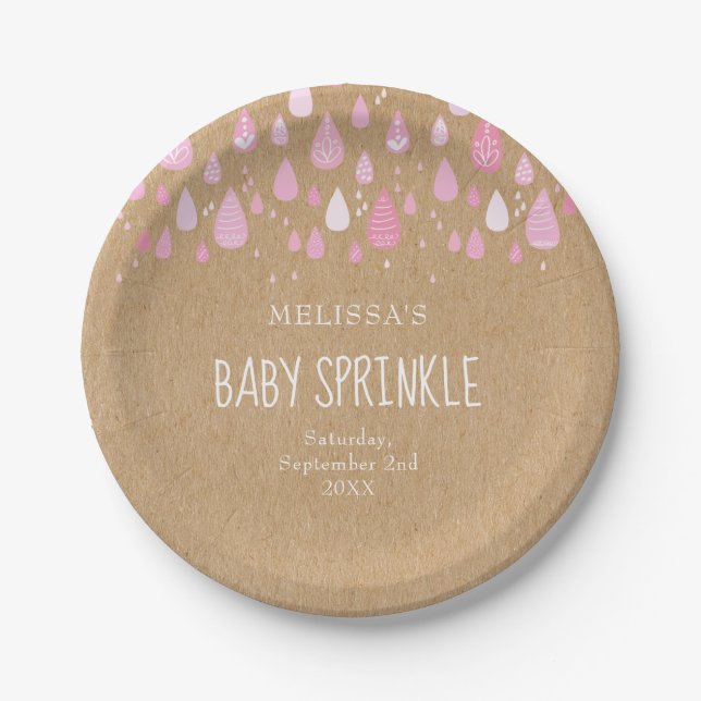 Rustic kraft baby pink raindrops baby sprinkle paper plate (Front)