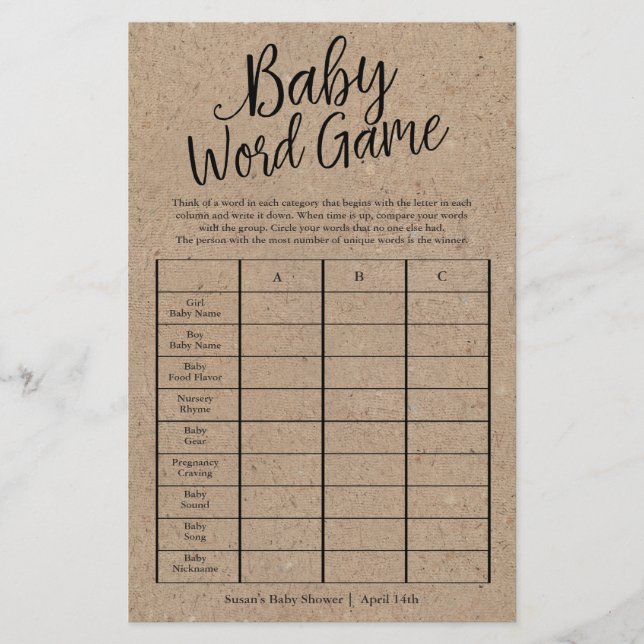 Rustic Kraft Baby Word Game Shower Paper Game Card (Front)