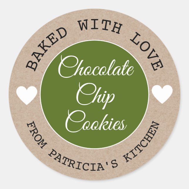 Rustic Kraft Baked With Love  Choco Cookies Green Classic Round Sticker (Front)