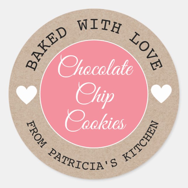 Rustic Kraft Baked With Love  Choco Cookies Pink Classic Round Sticker (Front)