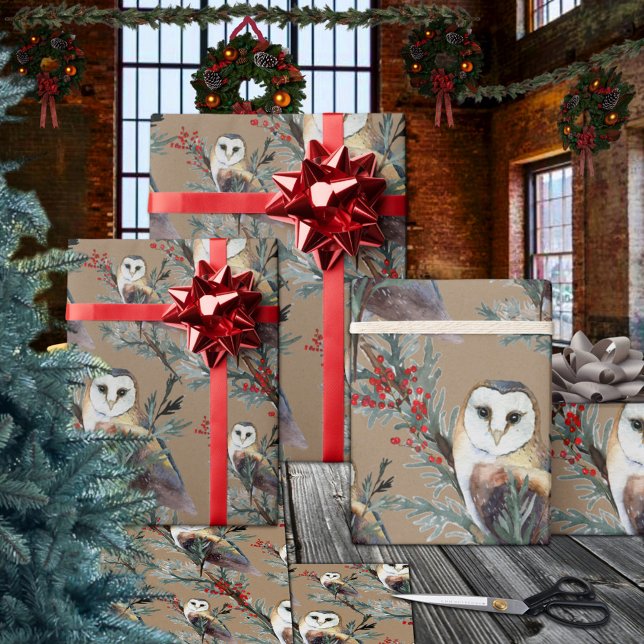 Rustic Kraft Barn Owls In A Juniper Tree Woodland Wrapping Paper (Rustic Kraft Barn Owls In A Juniper Tree Woodland Christmas Holiday Gift Wrapping Paper Rolls)