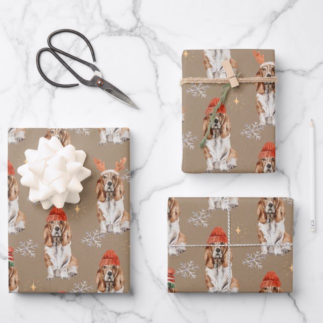 Rustic Kraft Bassett Hounds Dressed For Christmas Wrapping Paper Sheet (Front)