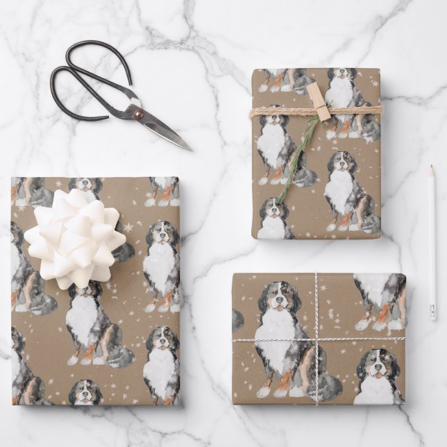 Rustic Kraft Bernese Dogs Sledding Around Wrapping Paper Sheet (Front)