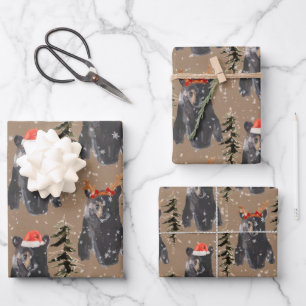 Rustic Kraft Black Bear Christmas Cubs Wrapping Paper Sheet