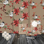 Rustic Kraft Black Cap Chickadee Birds & Berries  Wrapping Paper Sheet<br><div class="desc">A rustic Kraft holiday wrapping paper featuring watercolour-painted black cap chickadee birds eating red ilex berries and resting on Christmas poinsettias in 3 separate repeat patterns.</div>