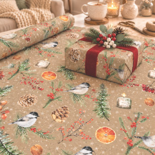 Rustic Kraft Black Cap Chickadee Christmas Party Wrapping Paper