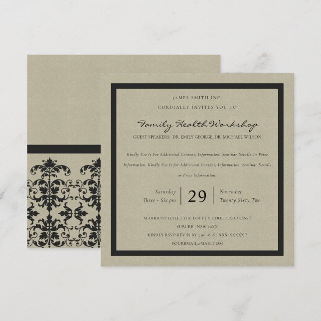 RUSTIC KRAFT BLACK DAMASK CLASSIC WORKSHOP EVENT INVITATION (Front/Back)