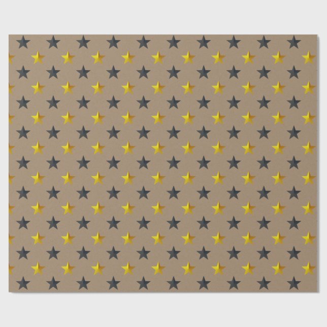 Rustic Kraft Black Gold Stars Holiday Wrapping Paper (Flat)