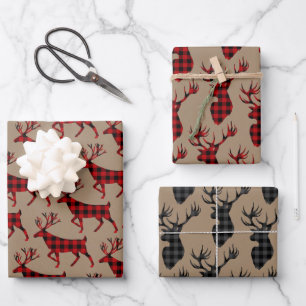 Rustic Kraft Black Red Buffalo Plaid Stag Head Wrapping Paper Sheet