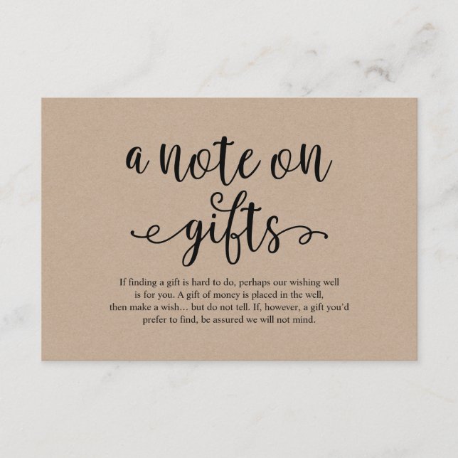 Rustic kraft black script, A note on gifts Enclosure Card (Front)