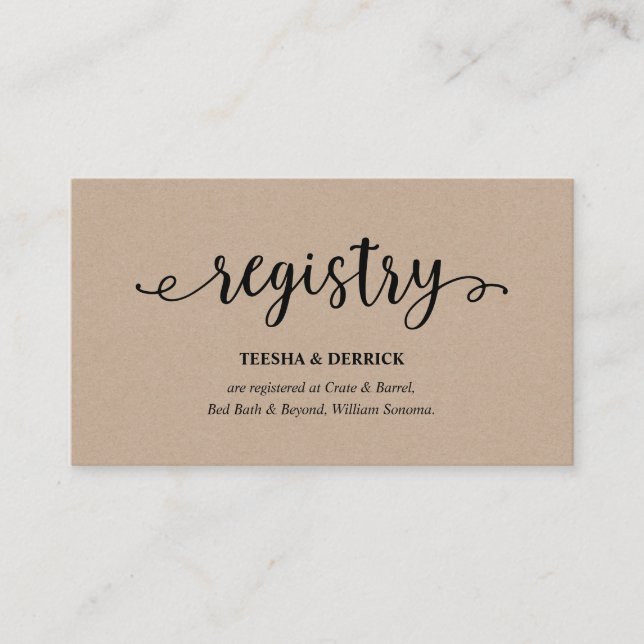 Rustic kraft black script, Wedding Registry Enclosure Card (Front)