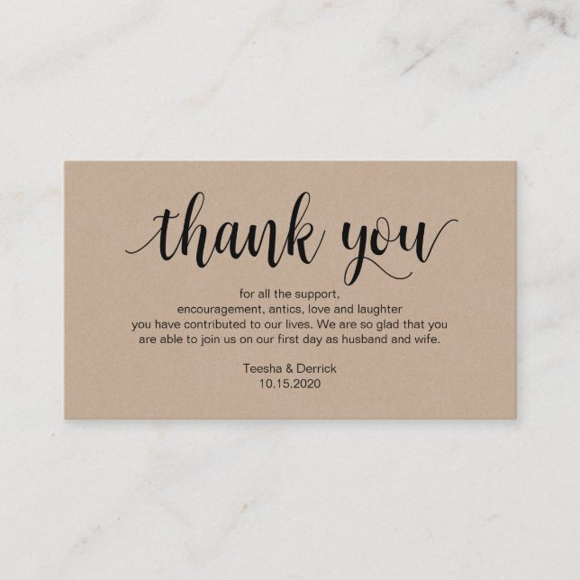 Rustic Kraft, Black Script, Wedding Thank you Enclosure Card (Front)