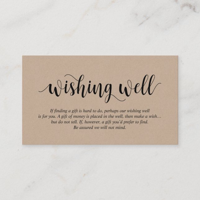 Rustic Kraft, Black Script, Wedding Wishing Well Enclosure Card (Front)