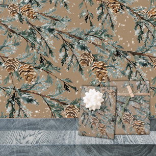 Rustic Kraft Blue Juniper Tree Branches And Cones  Wrapping Paper Sheet
