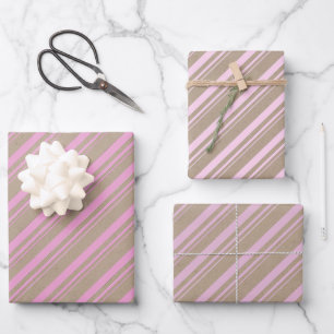 Rustic Kraft Blue Pink Blush Rose Candy Stripes Wrapping Paper Sheet